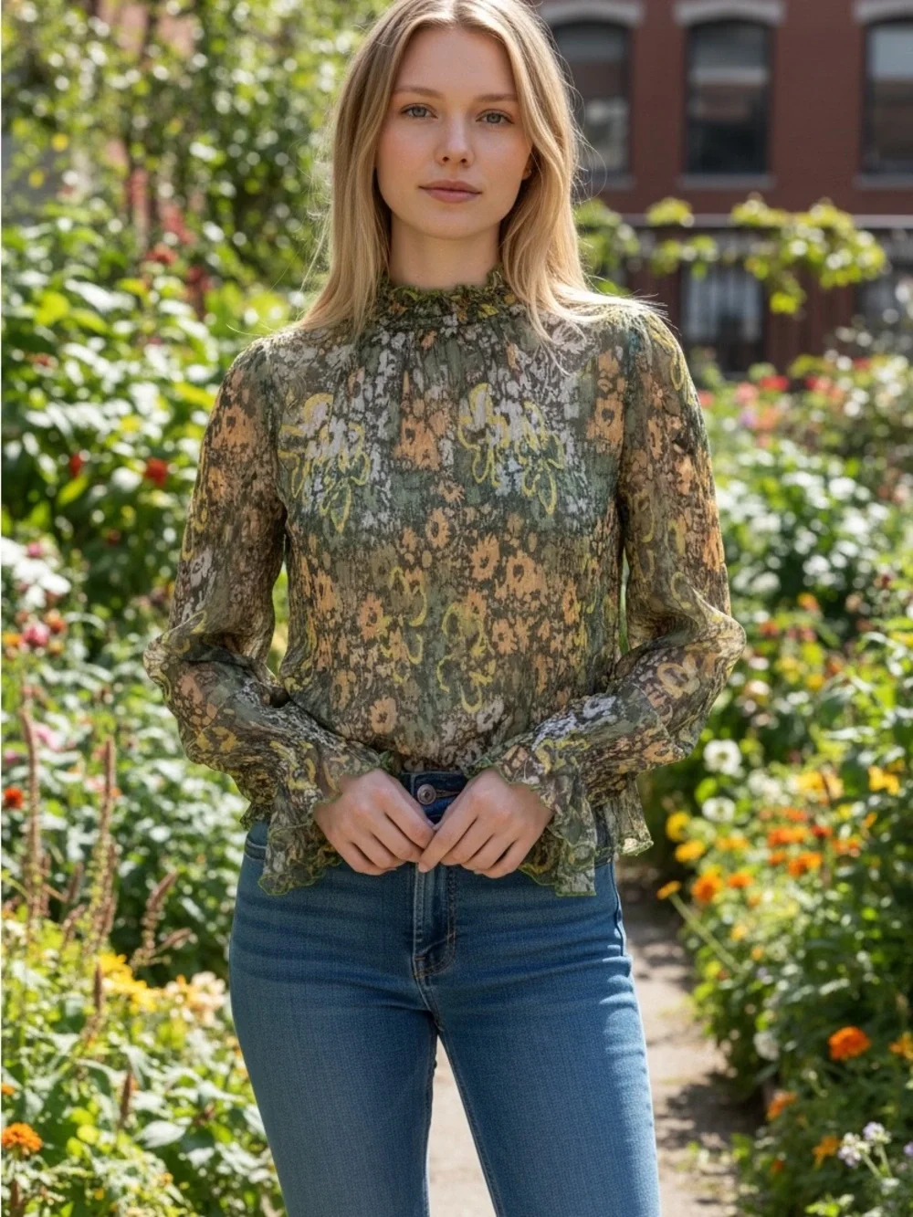 Free People Olive & Mustard Sheer Ruffle-Neck Floral Blouse